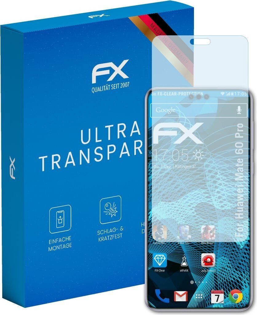 atFoliX FX-Clear 3x Schutzfolie kompatibel mit Huawei Mate 60 Pro Displayschutzfolie