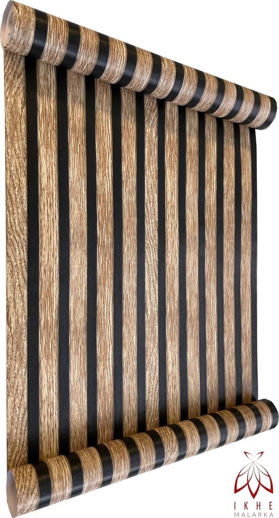 A roll of wallpaper with a wood-grain and black stripe pattern, shown partially unrolled.