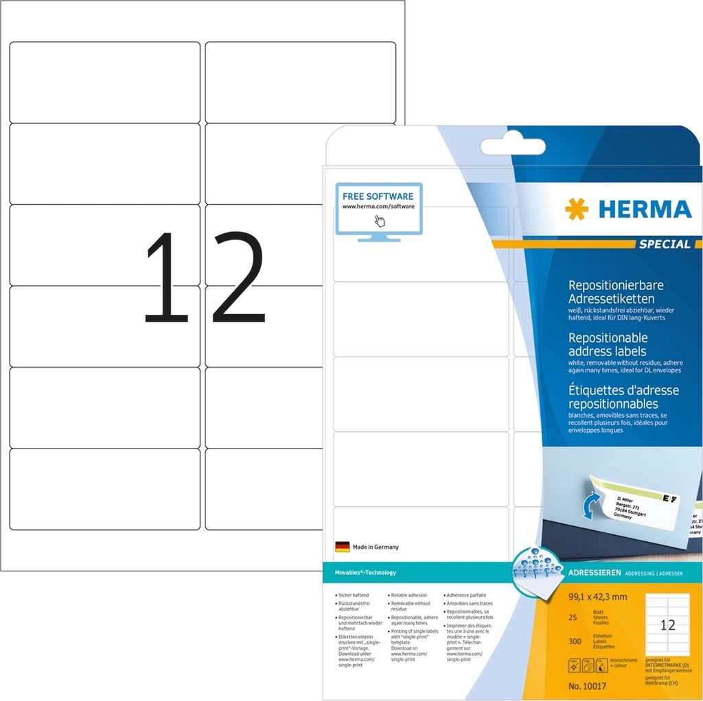 Etiketten weiß Movables/ablösbar 99,1x42,3mm Special A4 VE=32x300 St