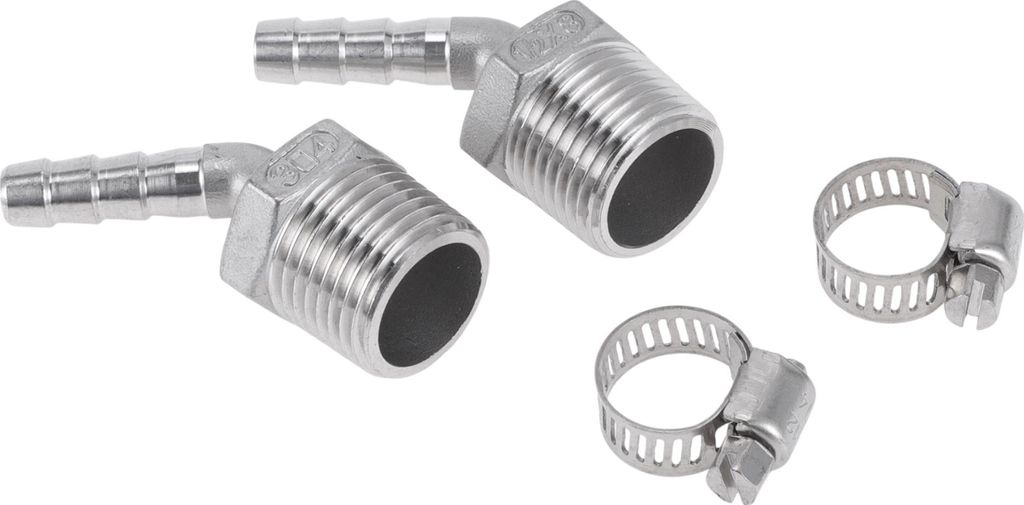 1 Satz Schlauchstutzen für Luft Wasser Öl Gas Kraftstoff 5/16" OD 1/2" BSPT 45 Grad Winkelstutzen mit 2 Schellen Silberfarben Edelstahl
