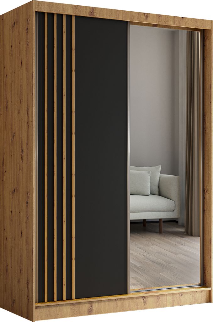 ALTDECOR Kleiderschrank mit Spiegel und Schiebetüren, kugelgelagerte Führungsschienen und Aluminium-Leisten - NALLA - 150 cm (Artisan + Schwarz +...