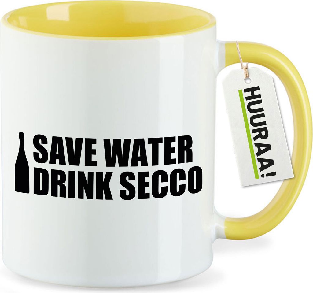 Huuraa Kaffeetasse Save Water Drink Secco Sektflasche 330ml Gelb Keramik Kaffeebecher Geschenkidee
