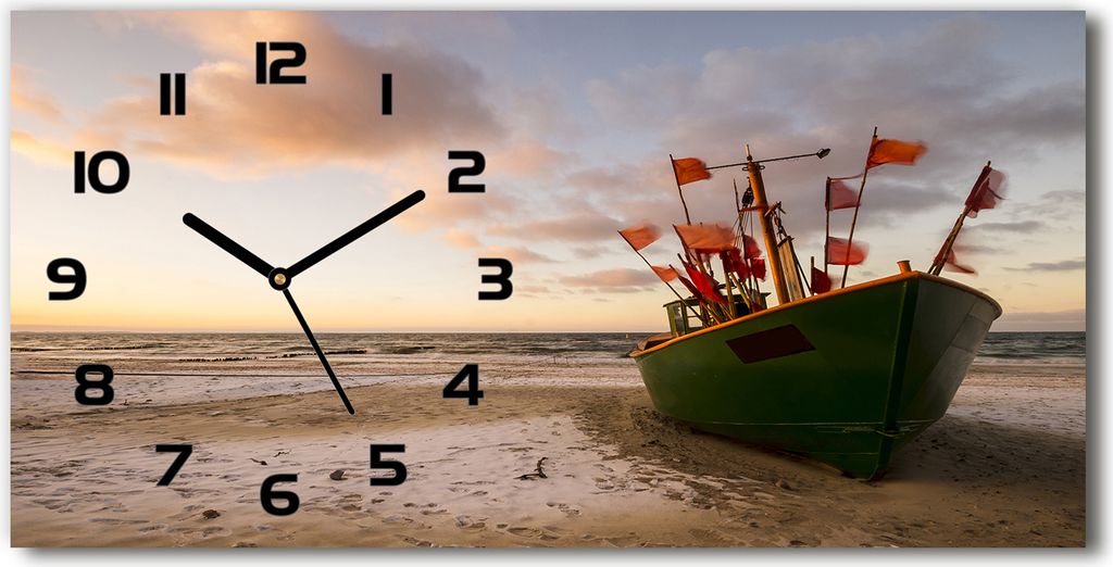 Wanduhr aus Glas – 60x30 cm - Glasbild - Glasuhr - Gehärtetes Glas - schwarze-zeiger - Fischerboot Strand
