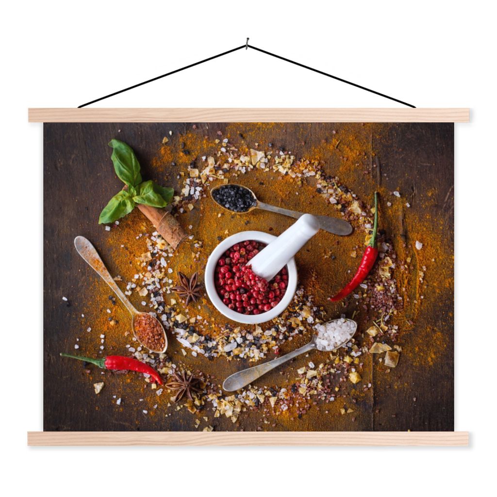 MuchoWow Textilposter Mörser - Kräuter - Löffel - Gewürze - Braun - Pfeffer 60x45 cm mit holzfarbenen Rahmen - Bild