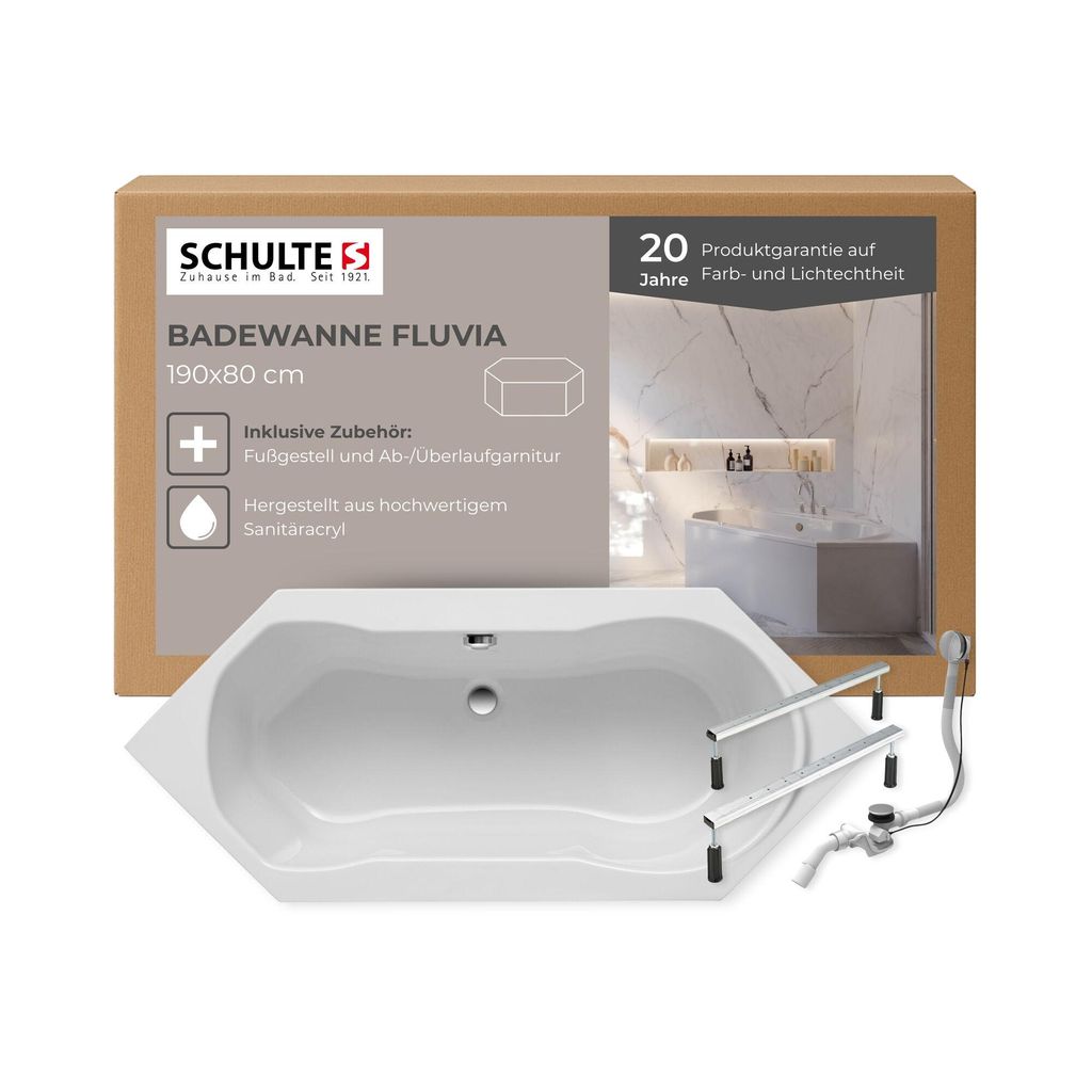 Schulte Badewanne Sechseck Modell Fluvia, 190x80 cm, Weiß Sanitäracryl, inkl. Fußgestell und Ablauf