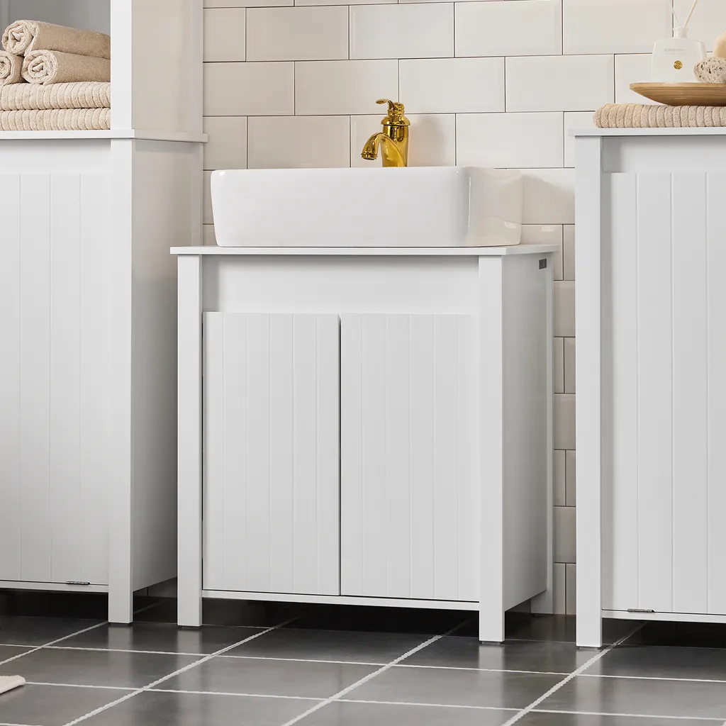 Armoire basse pour lavabo blanche SoBuy BZR101-W - Rangement de bain 2 portes