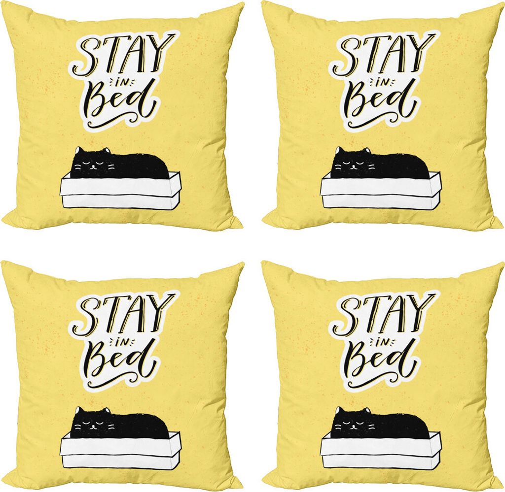ABAKUHAUS Sprichwort Kissenbezug Set (4 Stück), Sleepy schwarze Katze in einer Box, Moderner Doppelseitiger Digitaldruck, 40 cm x 40 cm, Mustard S...