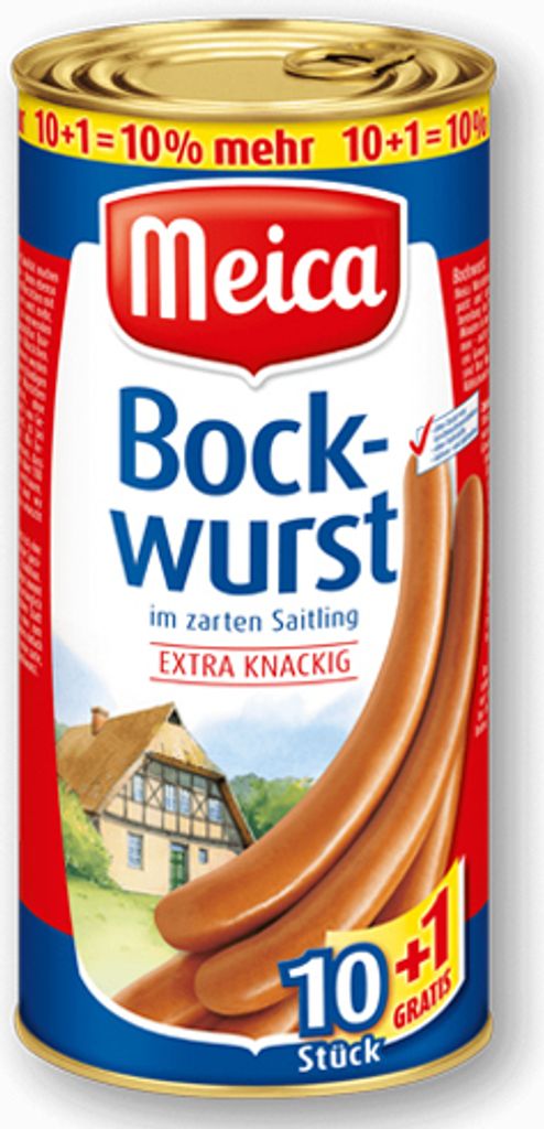 A can of Meica Bockwurst with sausages shown in front of a house illustration.