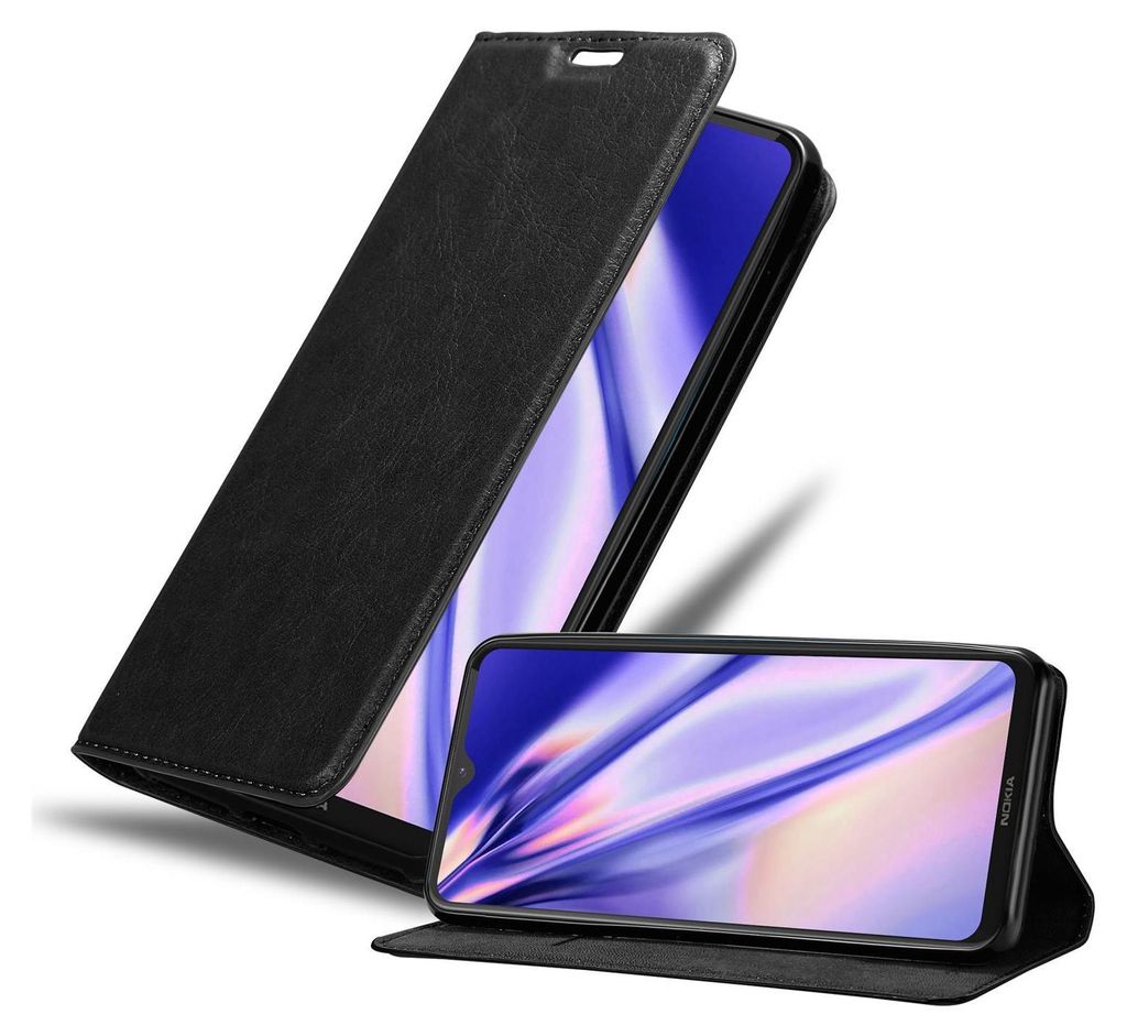 A black flip phone case is shown with a smartphone inside, displayed at an angle.