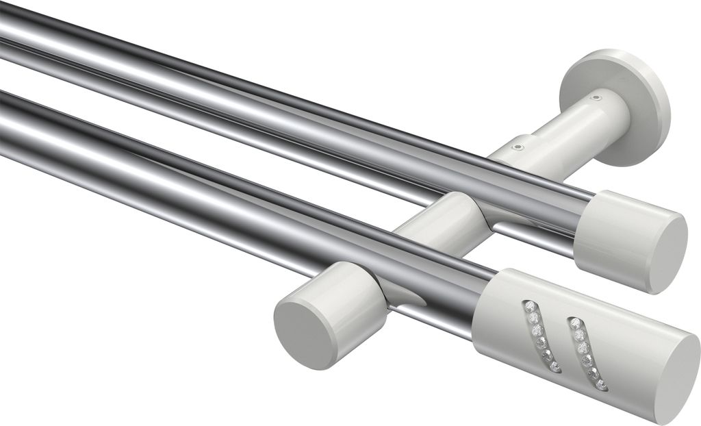 Interdeco Gardinenstange / Vorhangstange Chrom / Weiß, Typ Prestige Zoena (Glitzerzylinder) ohne Ringe, 20 mm Ø 2-läufig, 520 cm