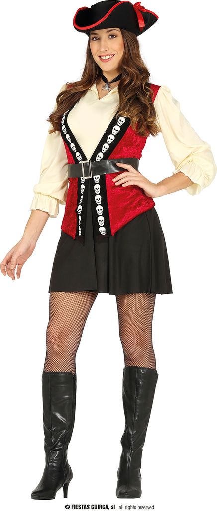 A woman is posing in a pirate costume against a white background.
