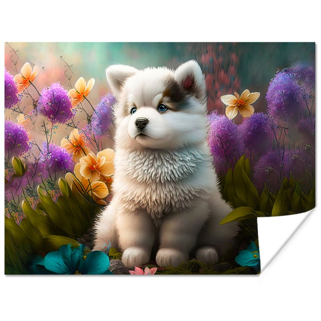 MuchoWow Poster Welpe - Blumen - Pflanzen - Natur - Husky 120x90 cm - Wandbild
