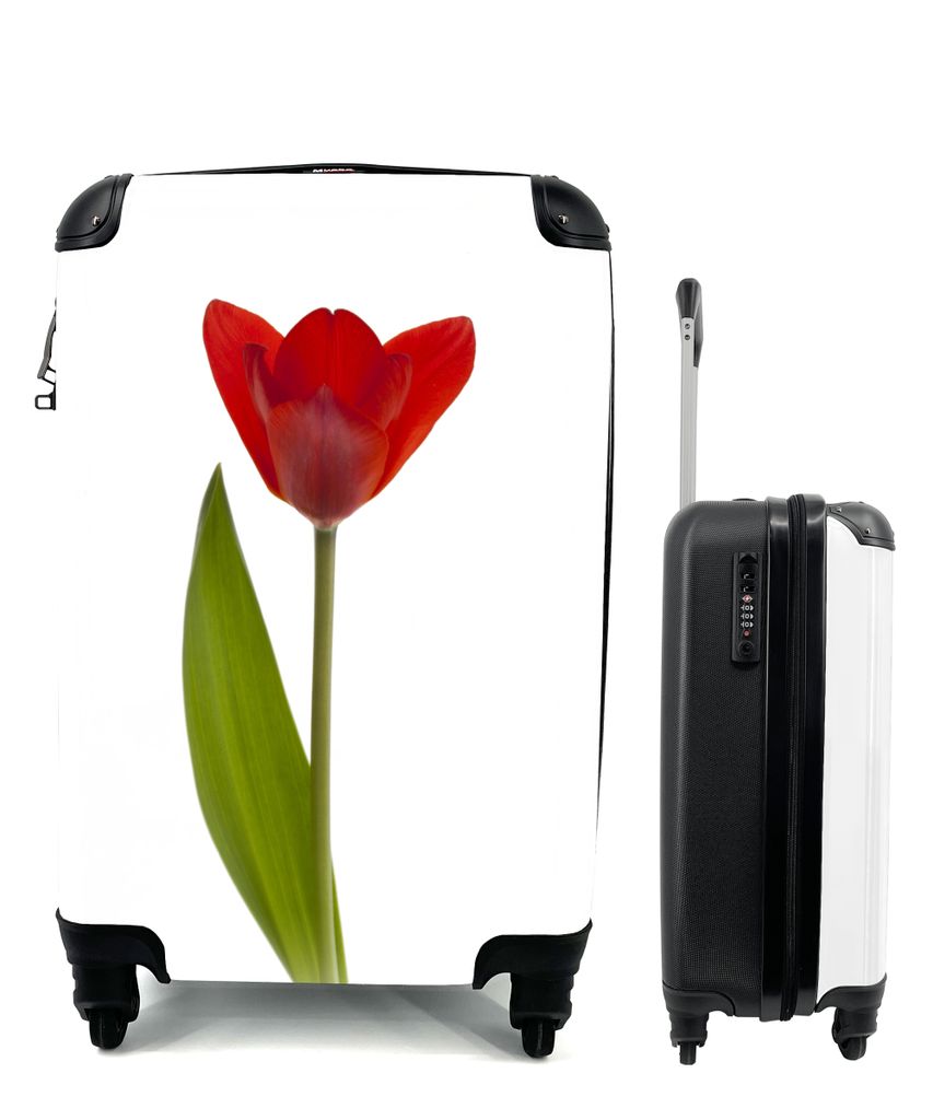 MuchoWow Koffer Handgepäck Trolley Rollkoffer Kleine Reisekoffer mit 4 Rollen - Rote Tulpe vor weißem Hintergrund - Cabin Size < 55x40x23 cm & ...