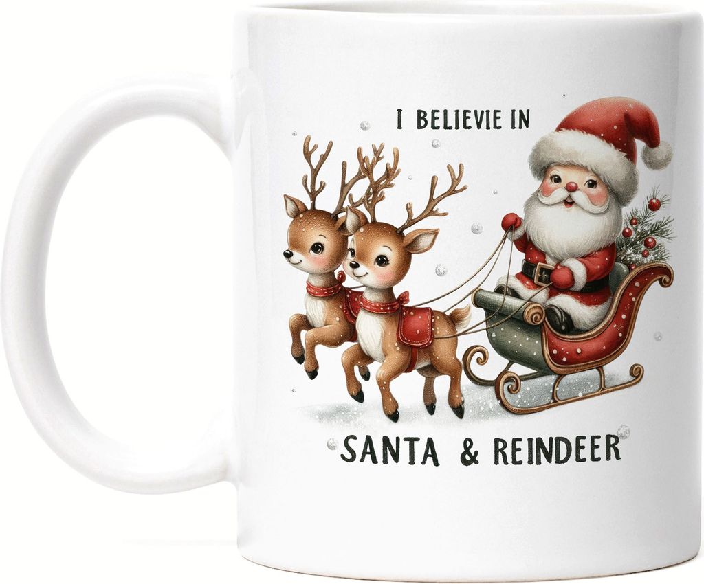 I Believe in Santa Reindeer Lustiges Weihnachtsmotiv Tasse Weiß Geschenkidee witziges Design Weihnachten