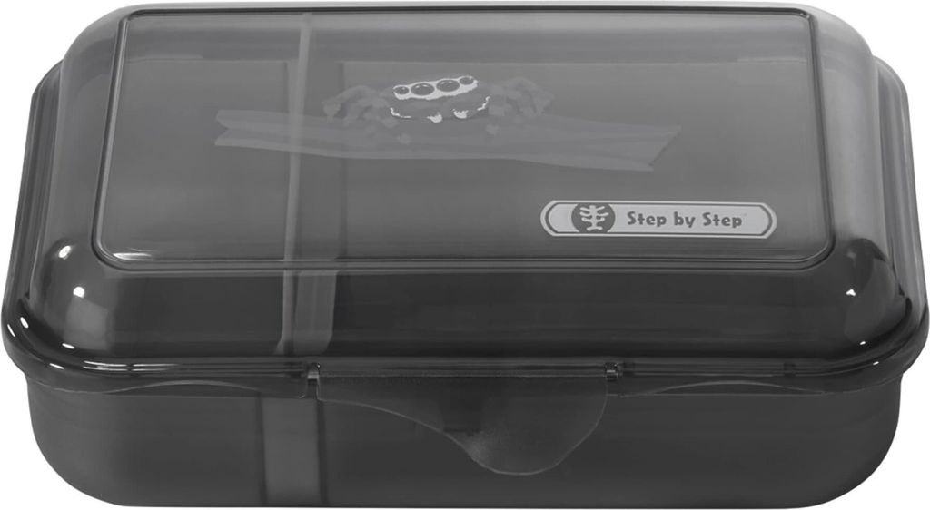 A dark gray lunchbox with a transparent lid, shown from a front-diagonal angle against a white background.