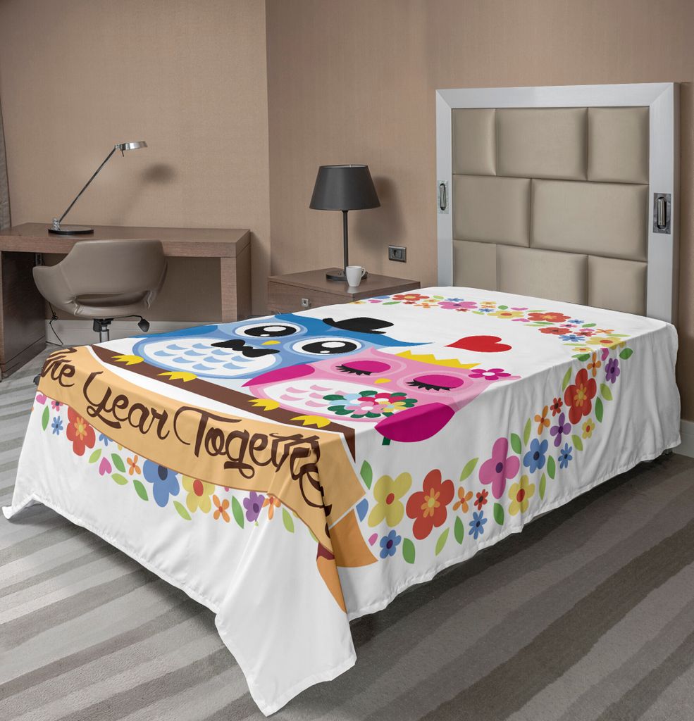 ABAKUHAUS Jahrestag Bettlaken, Jahr Beschriftung Zusammen mit Eulen-Paare in Blumenkranz-Rahmen, weiches bequemes oberes Bettlaken für ein dekorat...