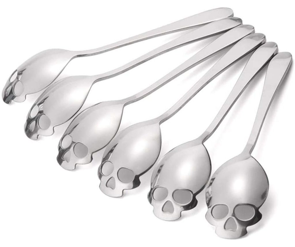 6-teiliges Set Totenkopf-Teelöffel aus Edelstahl, 15 cm Totenkopf-Zuckerlöffel, spülmaschinenfest, Totenkopflöffel, Totenkopflöffel-Serie