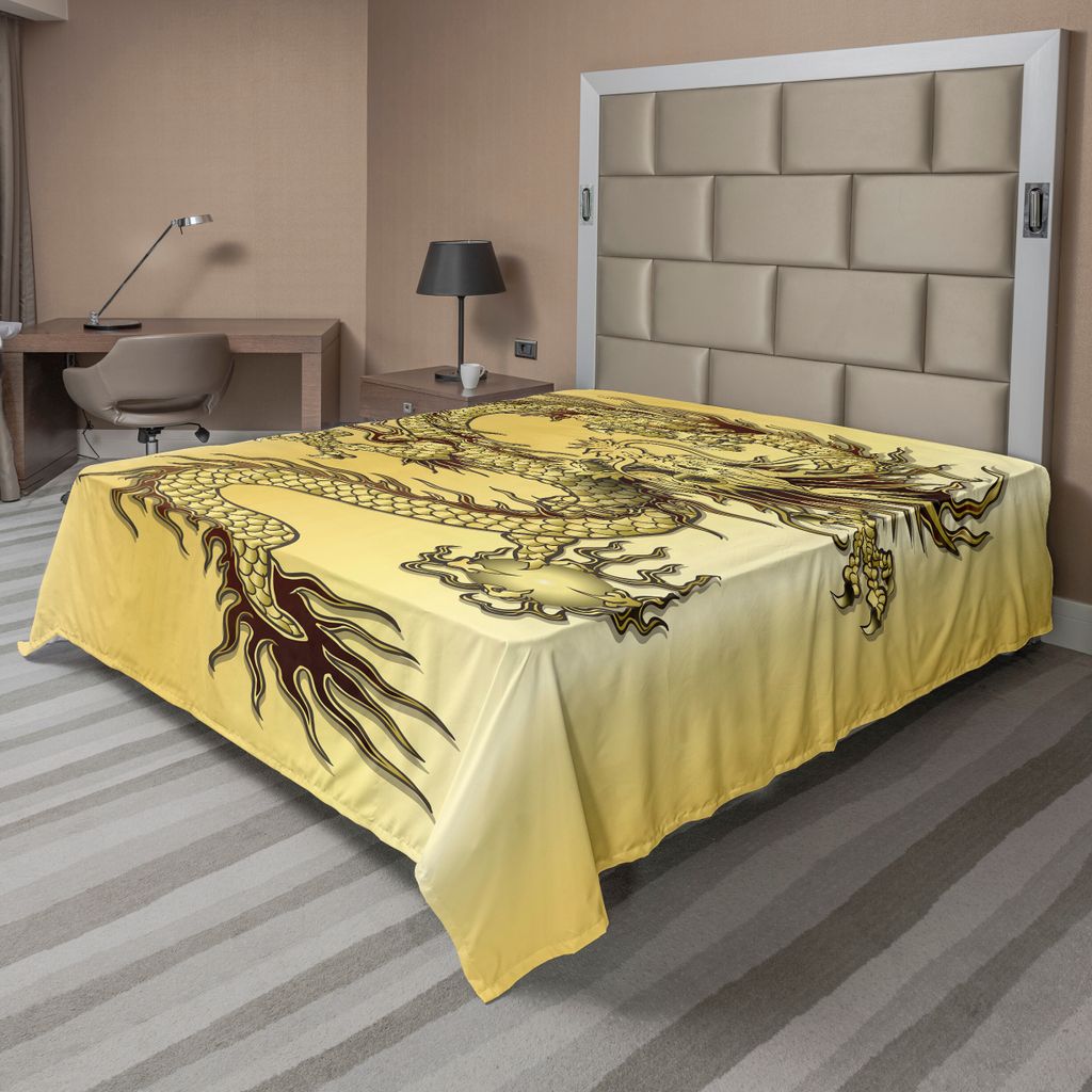 ABAKUHAUS Drachen Bettlaken, Chinesische Schlangen Drache Thema Golden Herkunft Orientalisch Abstrakt Kunst, weiches bequemes oberes Bettlaken für...
