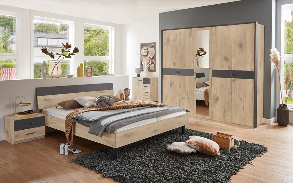 Schlafzimmer Komplett Set 5-teilig BRADFORD-43 mit Bett 180x200 cm Eiche mit graphit