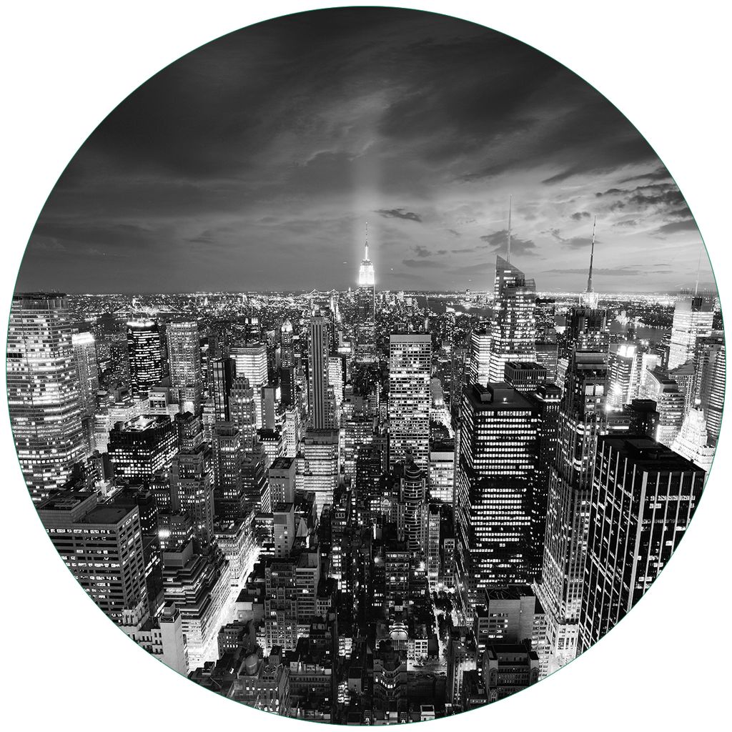 Wallario Premium Glasbild, freischwebende Optik, kräftige Farben, rund 50cm Durchmesser, Motiv New York bei Nacht - Panoramablick über die Stadt ...