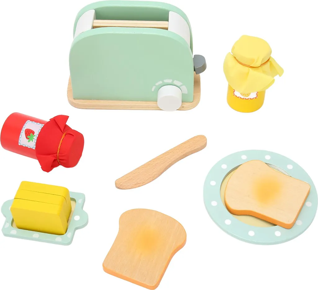 Dînette en bois grille-pain jaune : jouet d'imitation cuisine enfant 4 pcs