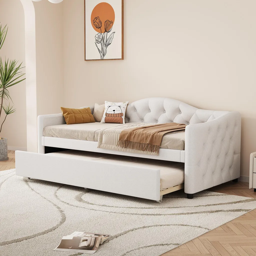 Merax Lit de jour 90x200 cm avec lit gigogne en lin beige capitonné