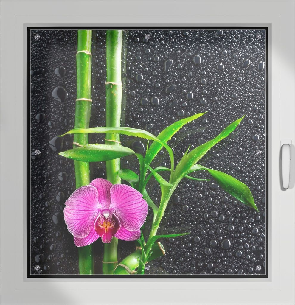 Wallario Lichtschutzbild, Dekorativer Sichtschutz Sonnenschutz 96 x 100 cm mit Motiv: Bambus und pinke Orchidee auf schwarzem Glas mit Regentropfen...