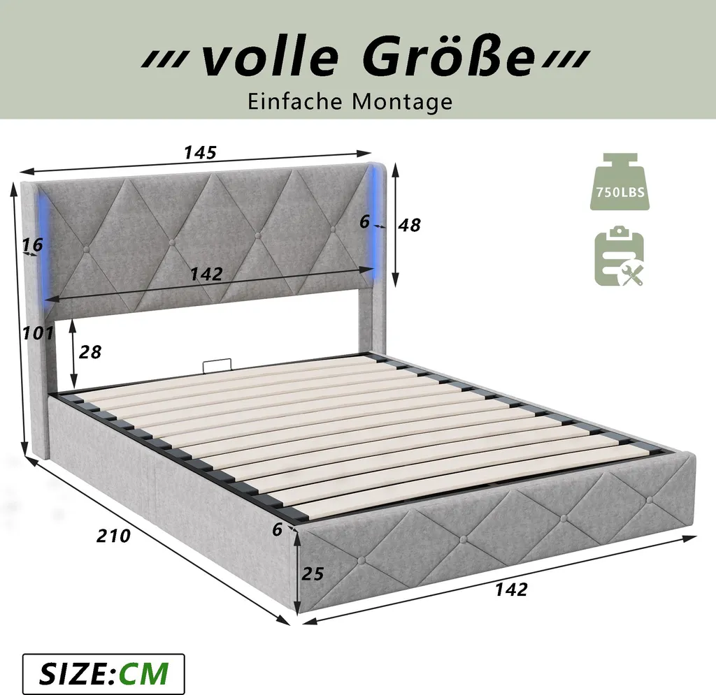 Lit Double avec Coffre de Rangement et Tête de Lit Lumineuse en Velours