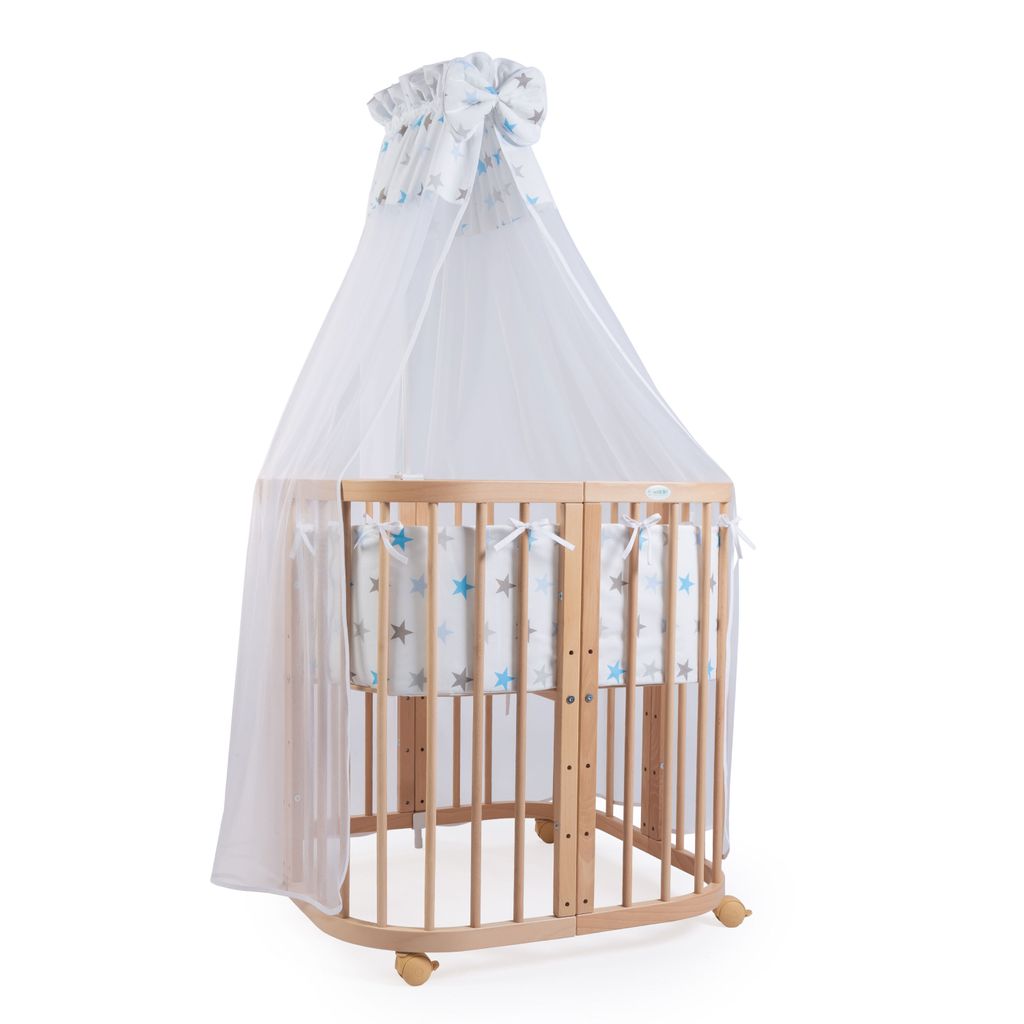 Mobiles Babybett aus Holz 7in1 mit Matratze, mitwachsend,Stoffe Sterne blau,Holz natur