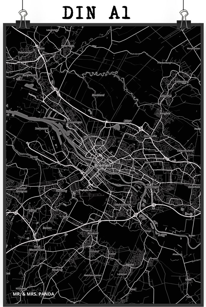 Mr. & Mrs. Panda Bild Bremen DIN A1 - Geschenk, wanddeko, Stadt Dorf Karte Landkarte Map Stadtplan, Wanddekoration, drucke, Design Poster, Wandbild