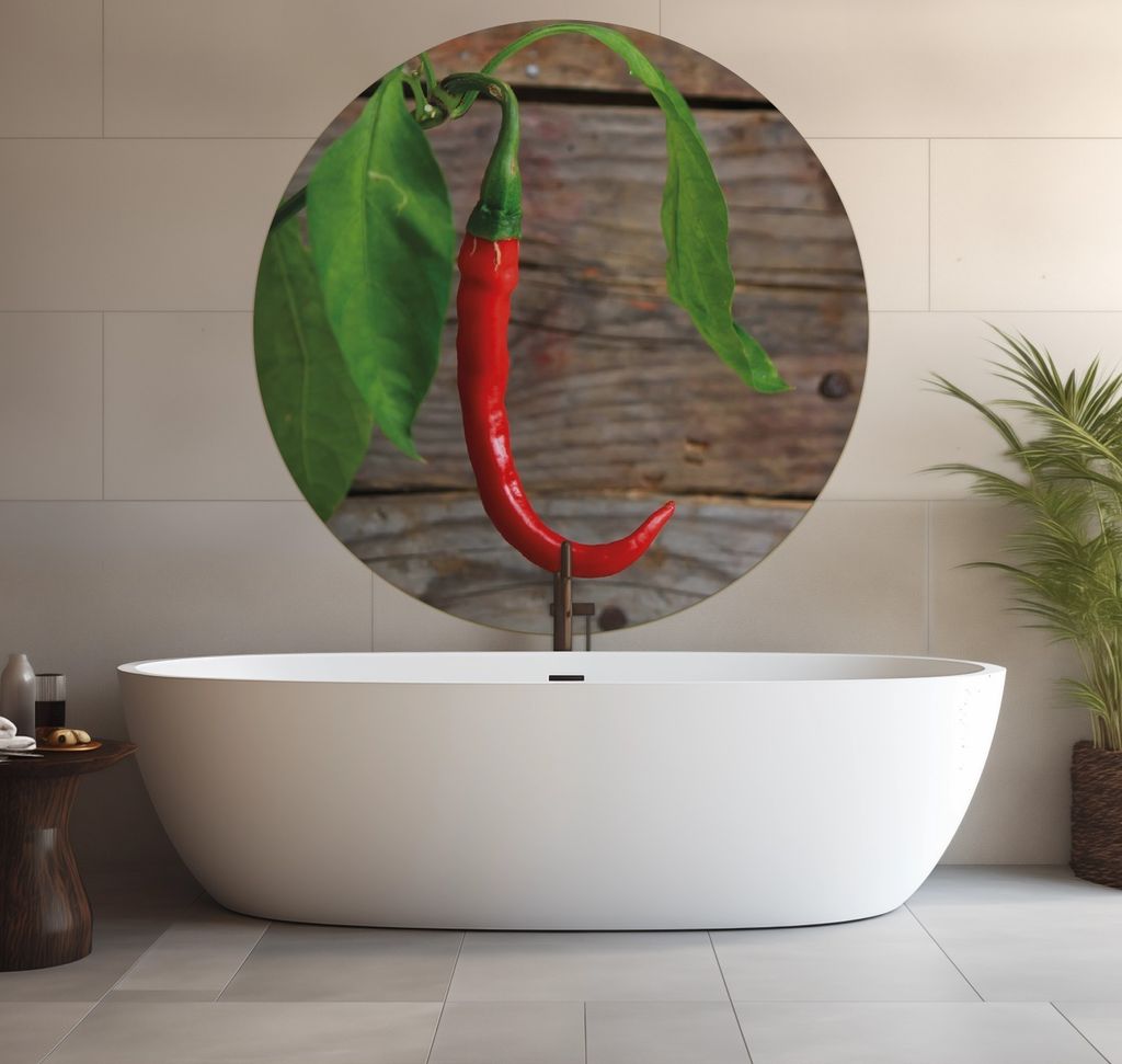 Wallario wasserfestes Poster selbstklebend 120 x 120 cm, Hängende Chili-Schote, Badezimmerposter Spritzschutz mit Hochglanzoberfläche in Glasoptik