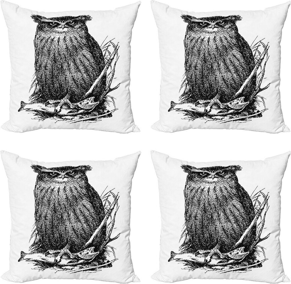 ABAKUHAUS Eule Drucken Kissenbezug Set (4 Stück), Vintage Wise Nachtvogel, Moderner Doppelseitiger Digitaldruck, 60 cm x 60 cm, Charcoal Grau Weiß