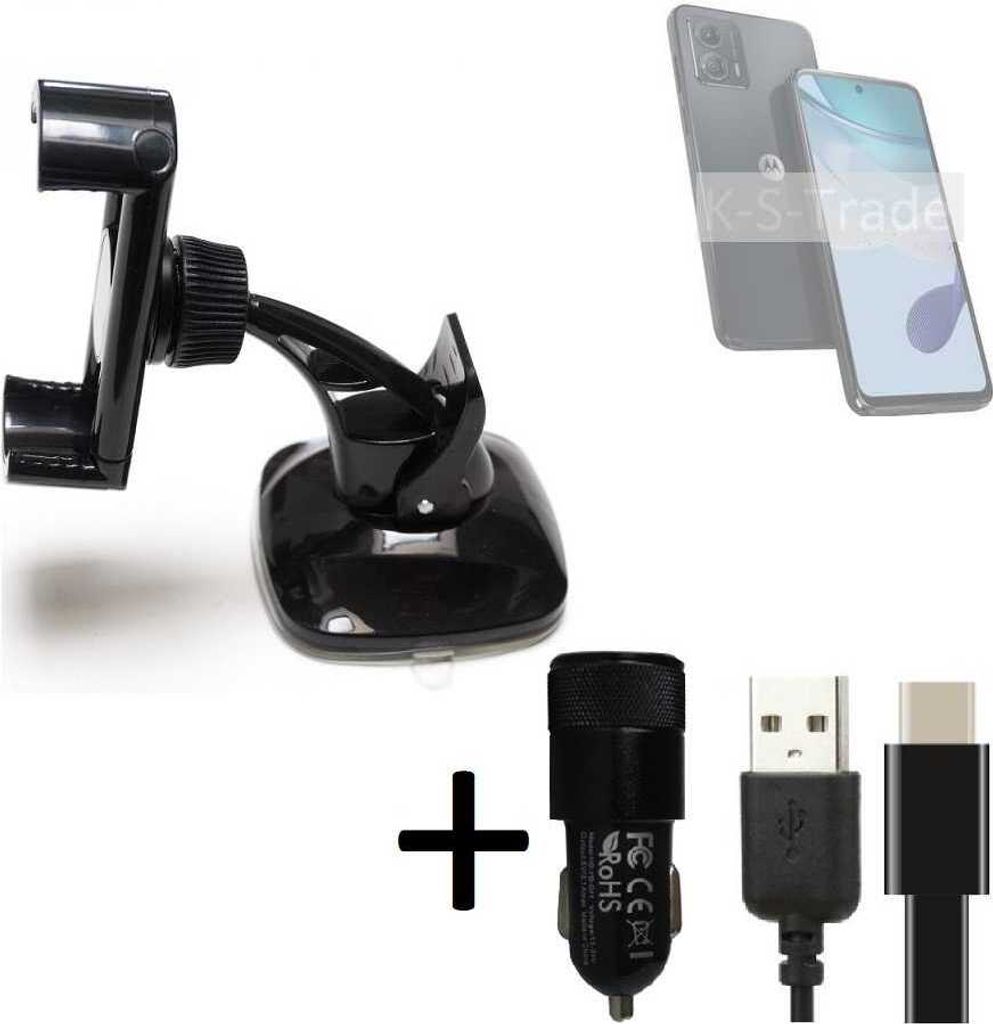 K-S-Trade Handy-Halterung kompatibel mit Motorola Moto G53 5G Windschutzscheibe / Armaturenbrett + LADEGERÄT mit Mico USB Kabel Autohalterung