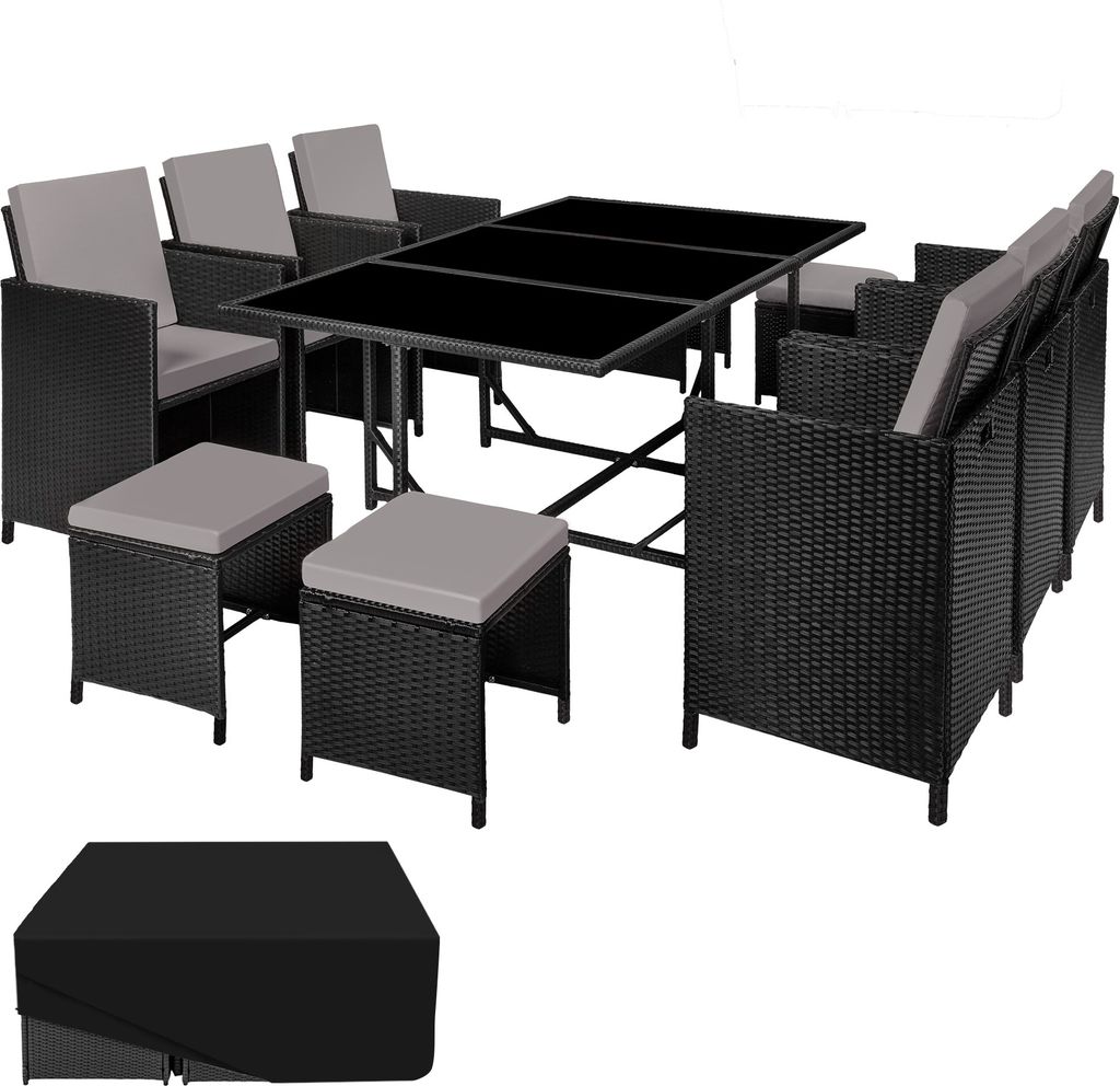 A rattan outdoor dining set with a table, chairs, and stools, with a cover shown separately.