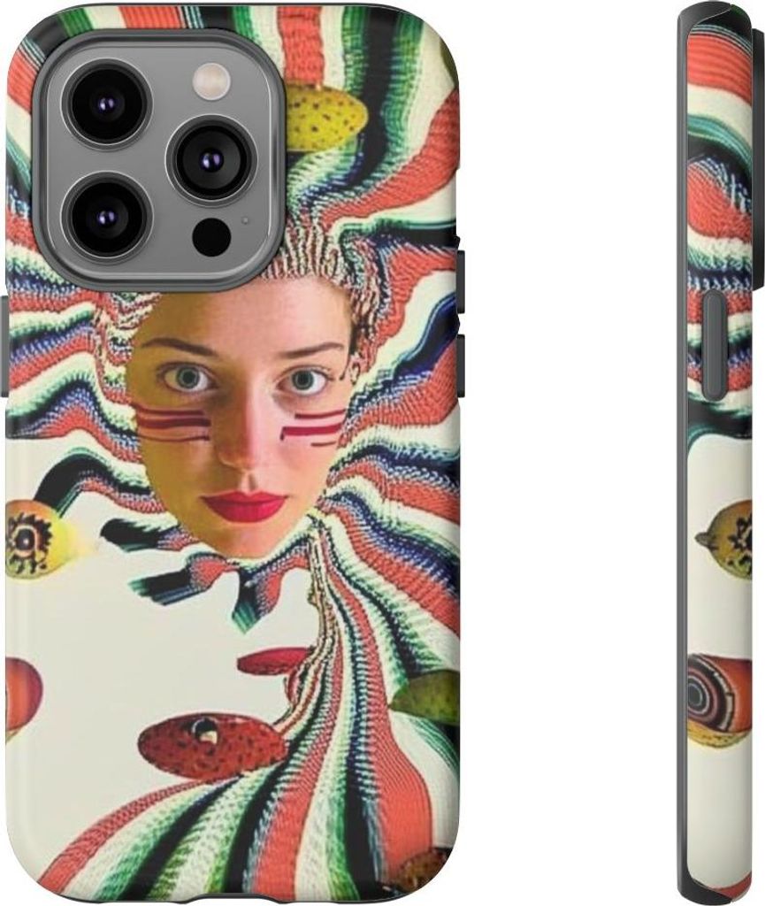 Surreales Frauengesicht mit bunten Streifen und schwebenden Kugeln – Hülle Kompatibel mit iPhone 14 Pro