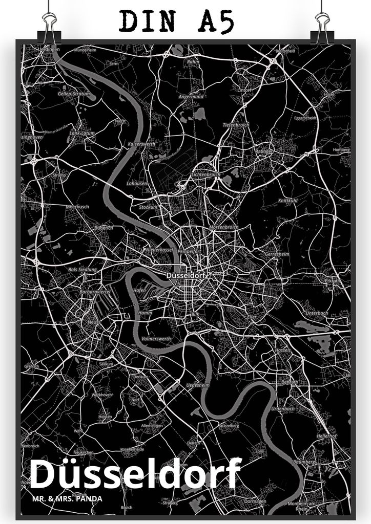Mr. & Mrs. Panda Bild Düsseldorf DIN A5 - Geschenk, Stadt Dorf Karte Landkarte Map Stadtplan, Wandbild, Plakat, drucke, wanddeko, wanddruck