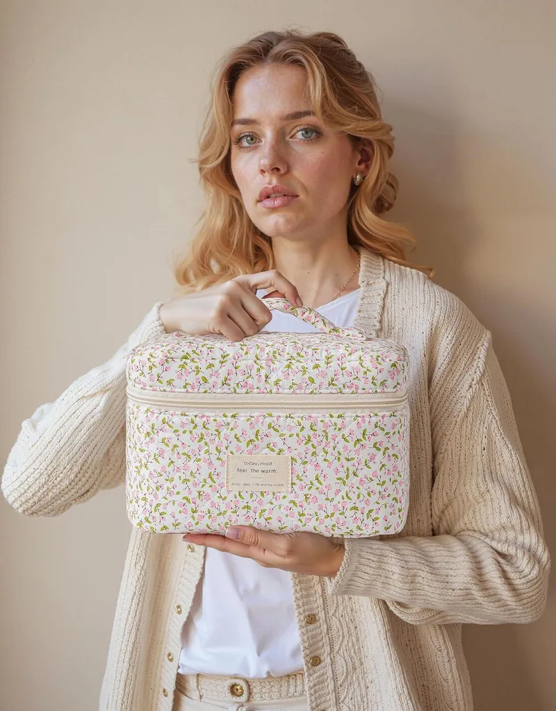 Sac de Beauté Mignon à Fleurs Grand Sac de Voyage Matelassé Souple