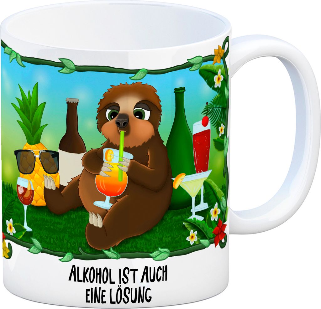 Kaffeebecher mit saufendem Faultier Motiv und Spruch: Alkohol ist auch eine