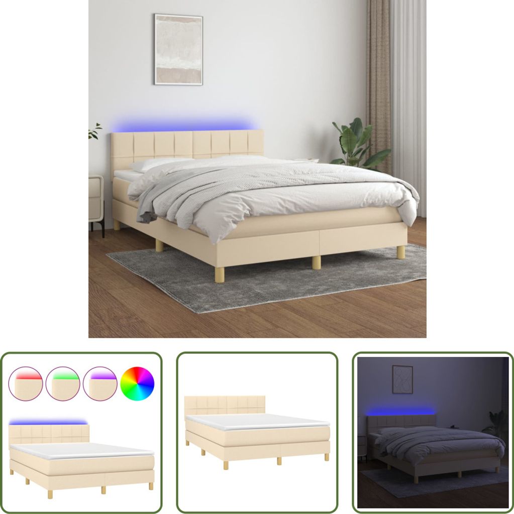 The Living Store Boxspringbett mit Matratze & LED Creme 140x190 cm Stoff