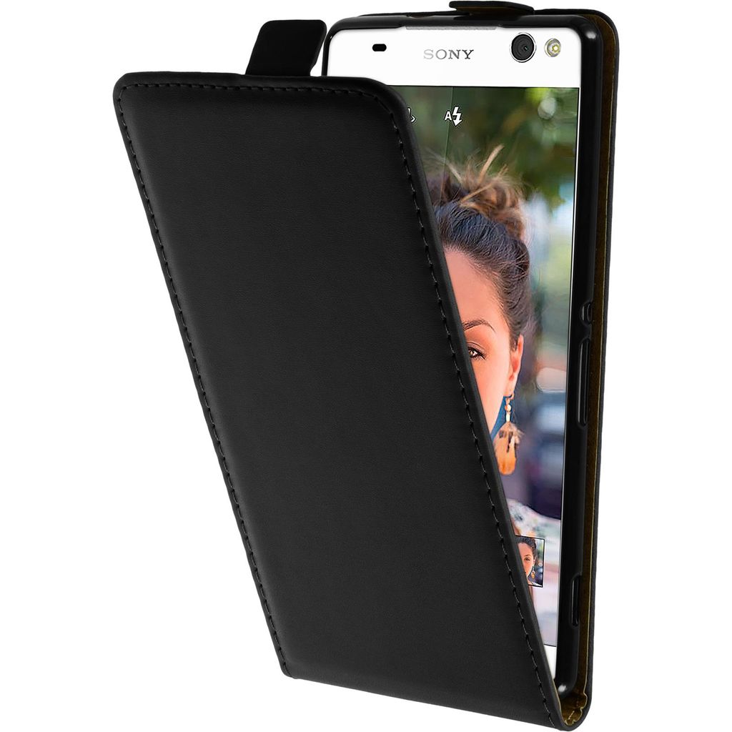 PhoneNatic Kunst-Lederhülle kompatibel mit Sony Xperia C5 Ultra - Flip-Case schwarz + 2 Schutzfolien