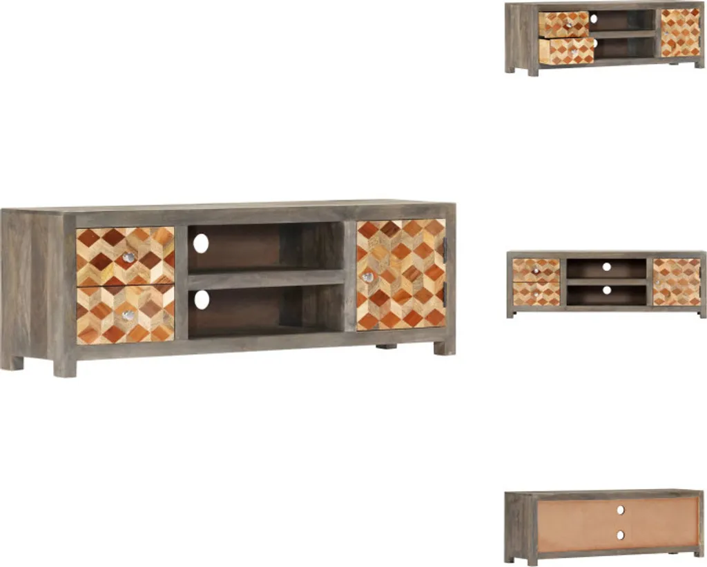 Meuble TV en Bois Massif de Manguier Gris 120 cm - Buffet Bas Design
