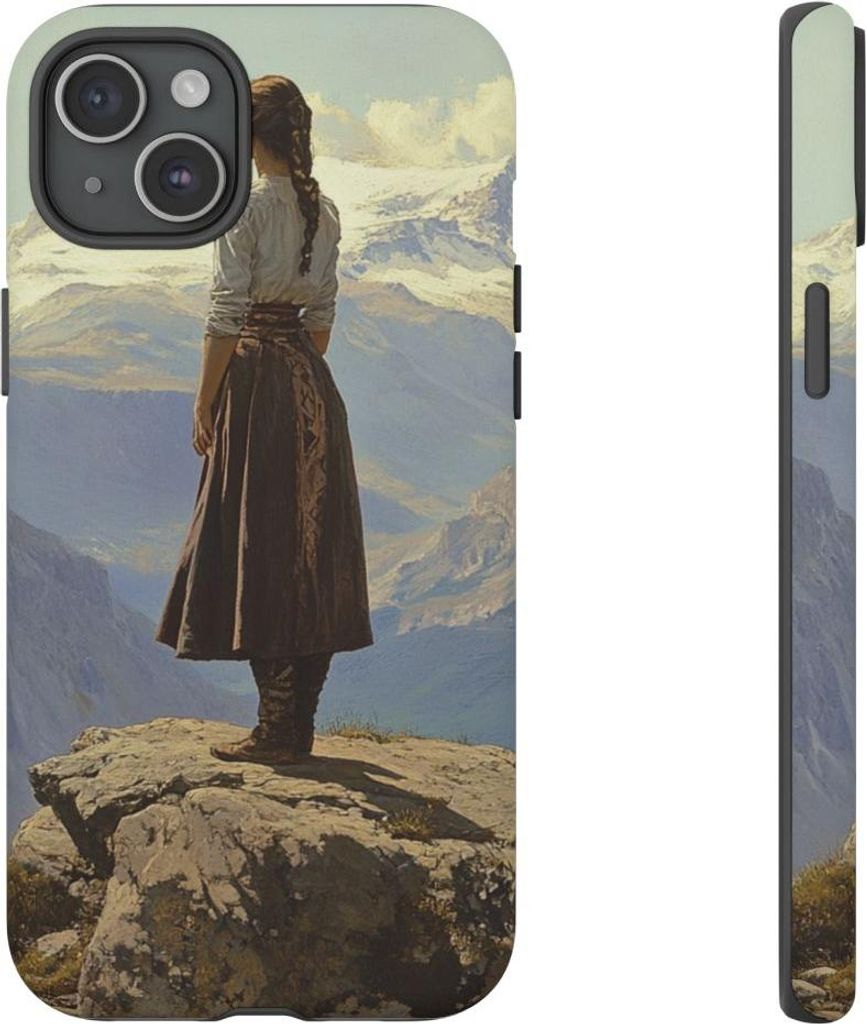 Mädchen auf einem Felsen in den Bergen – Handyhülle Kompatibel mit iPhone 15 Plus