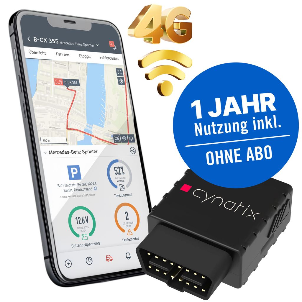 4G-Pro Cynatix GPS Tracker 1 Jahr Komplettpaket | OHNE ABO | Echtzeit-Ortung inkl. SIM, App, Alarme | Auto, LKW, Wohnmobil, Transporter