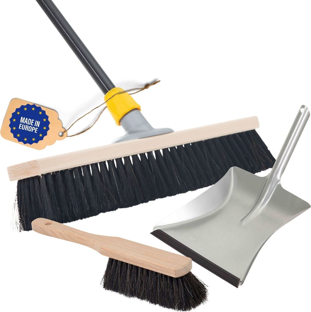 Novaliv Saalbesen 50 cm mit Stiel Borsten Haarmischung inkl. Kehrgarnitur verzinkt mit Gummilippe bestehend aus Kehrblech und Handfeger besen fein ...