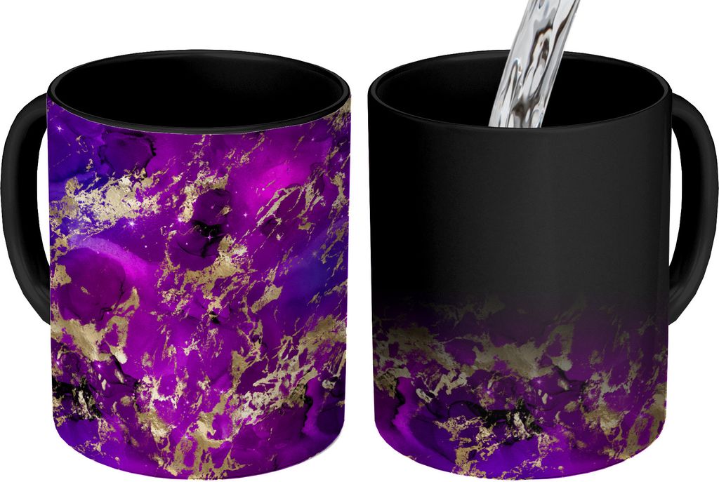 MuchoWow Zauber Tasse Zaubertasse Magic Marmor - Gold - Lila - Muster 350 ml Farbwechsel Becher Geschenk Geschenkidee - Magic-Tasse - Fototasse -...