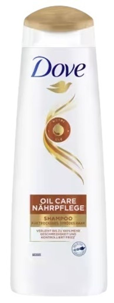 A white bottle of Dove Oil Care shampoo with a wooden-colored cap.
