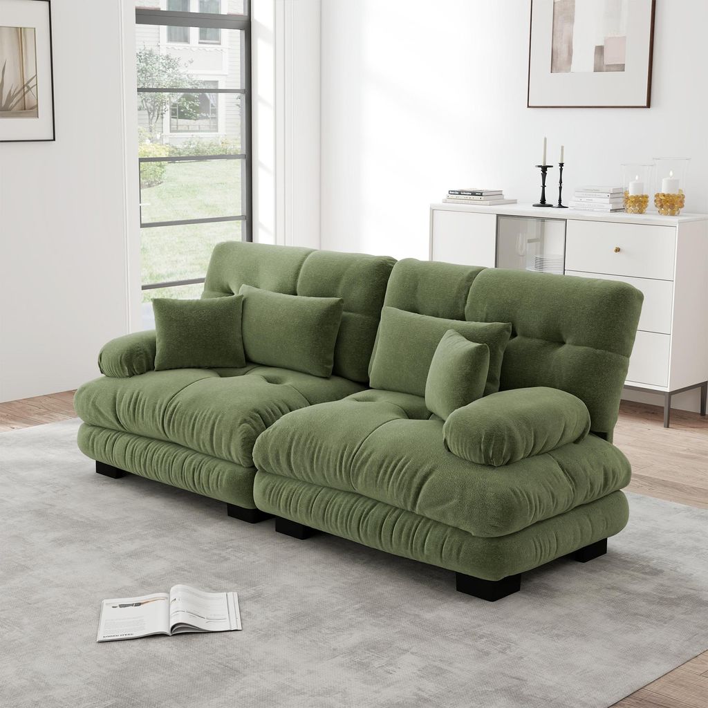 Ecksofa Wohnzimmer Chenille, 2-Sitzer Sofa mit 2 Lendenkissen & 2 Dekokissen, Massivholzrahmen