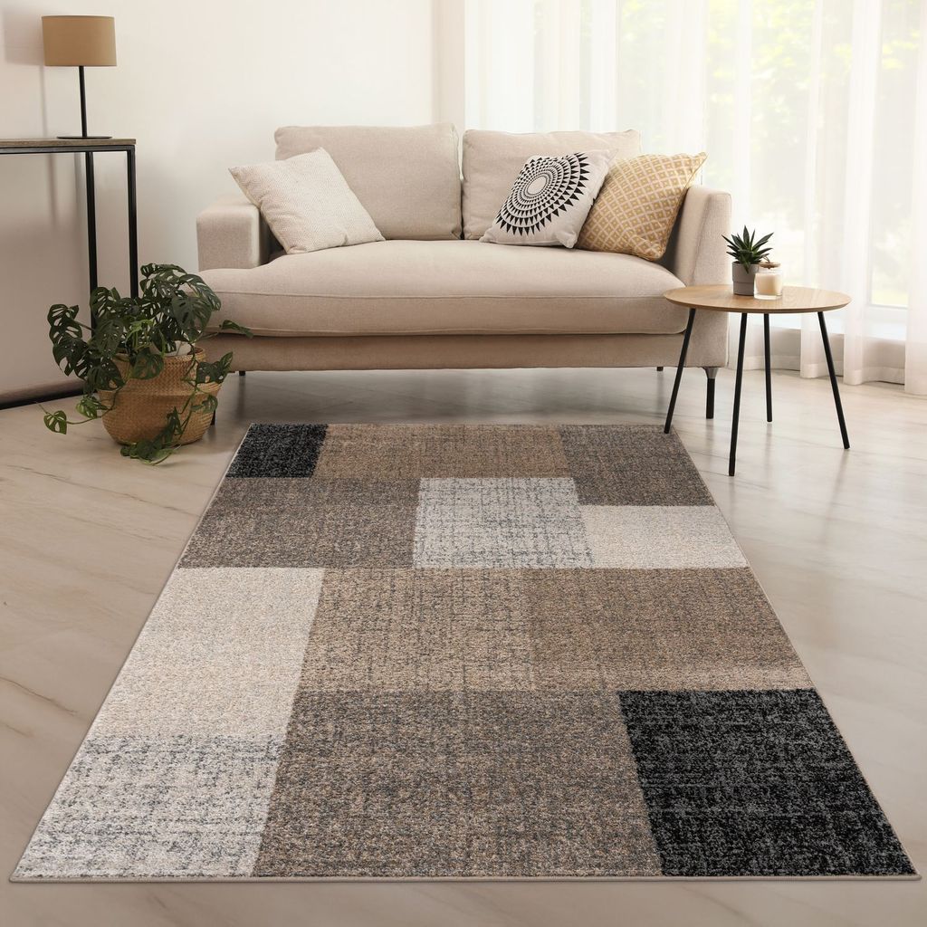 TT Home Teppich für das Wohnzimmer Kariert Modern Braun Beige Creme Meliert Größe 120x170 cm