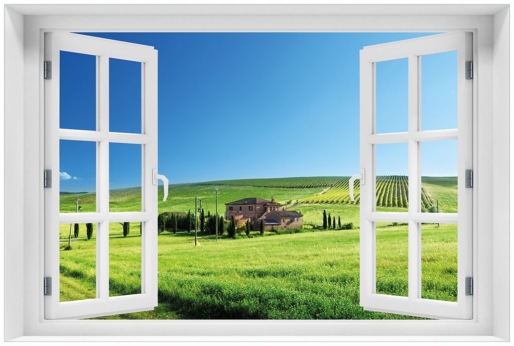 Wallario Premium Glasbild mit Fensterrahmen, freischwebende Optik, kräftige Farben, Größe 60 x 90 cm Motiv Farm in der Toskana
