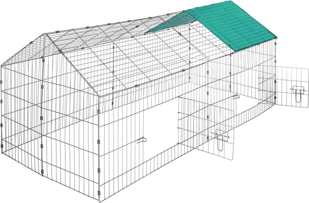A wireframe drawing of a large outdoor pet enclosure with a green roof.